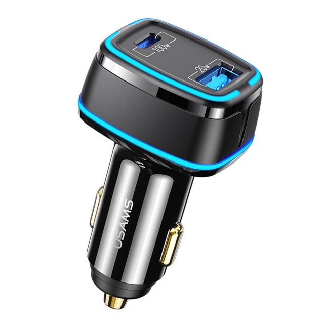 USAMS Car Charger C24 (USCC142) Dual Port. USBA. TypeC. 120W. 5A Black