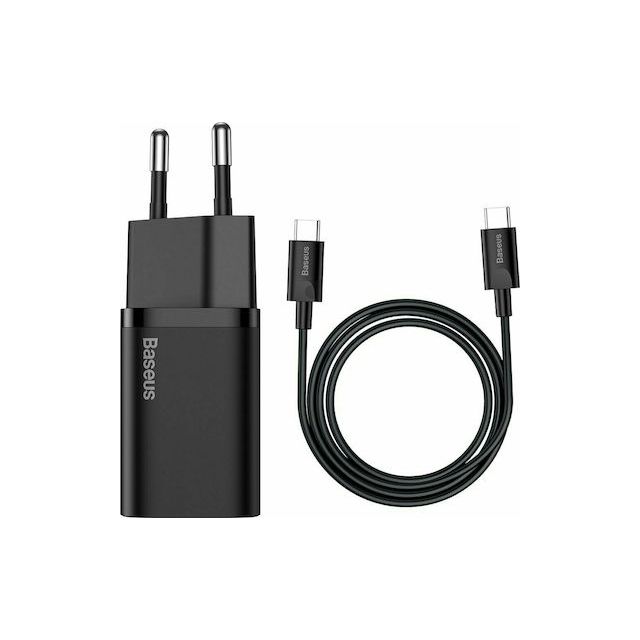 Baseus Φορτιστής με Θύρα USB-C και Καλώδιο USB-C - USB-C 25W Μαύρος (Super Si)